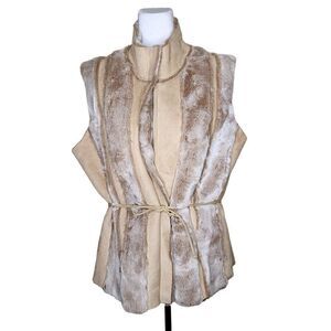 Waist Tied Faux Fur Vest Womens Size XL Camel Beige Festival Boho